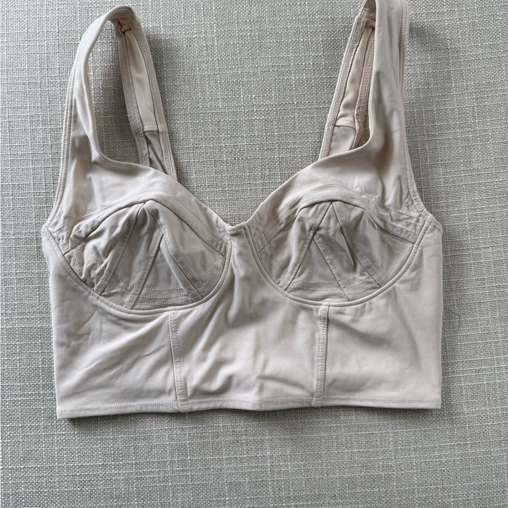 Fabletics Cream Longline Bra with Wide Straps